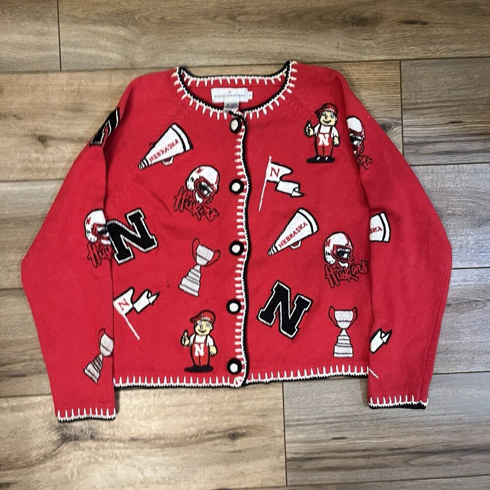 Nebraska Cornhuskers Red Embroidered Cardigan Sweater Castles Sport Women's Sz M